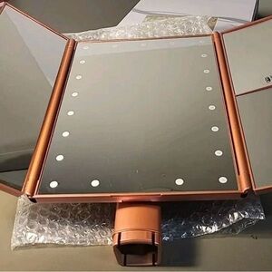 Tri-Fold LED Makeup Mirror with Magnification - Rose Gold Rechargeable ,